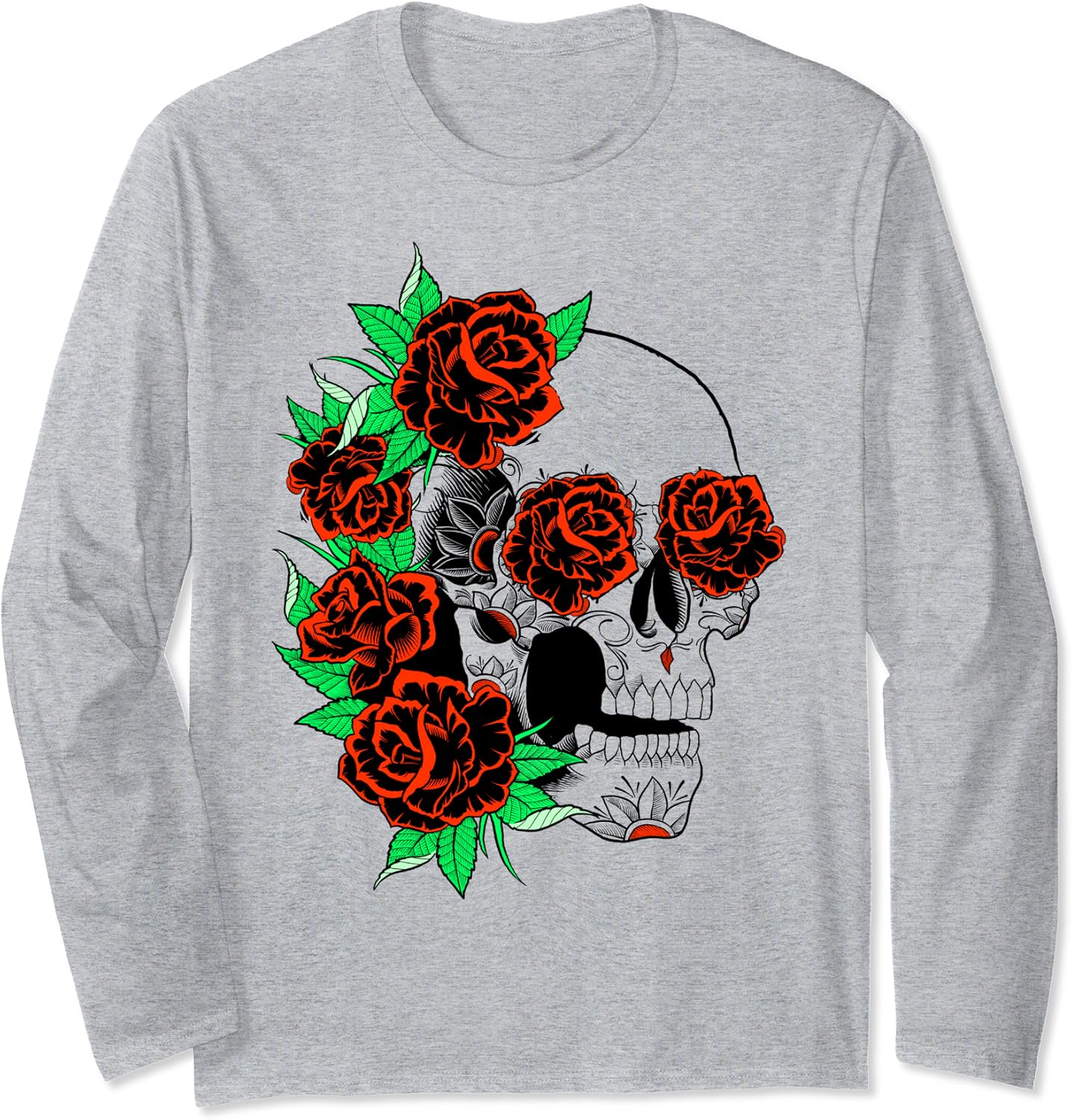 Trendy Skull With Roses Long Sleeve TShirt Amazon.co.uk Fashion